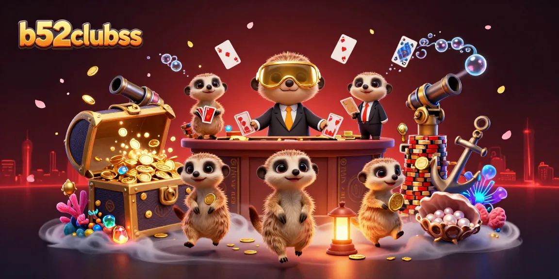 B52clubss casino scene with meerkats operating games amidst floating treasures and dynamic elements