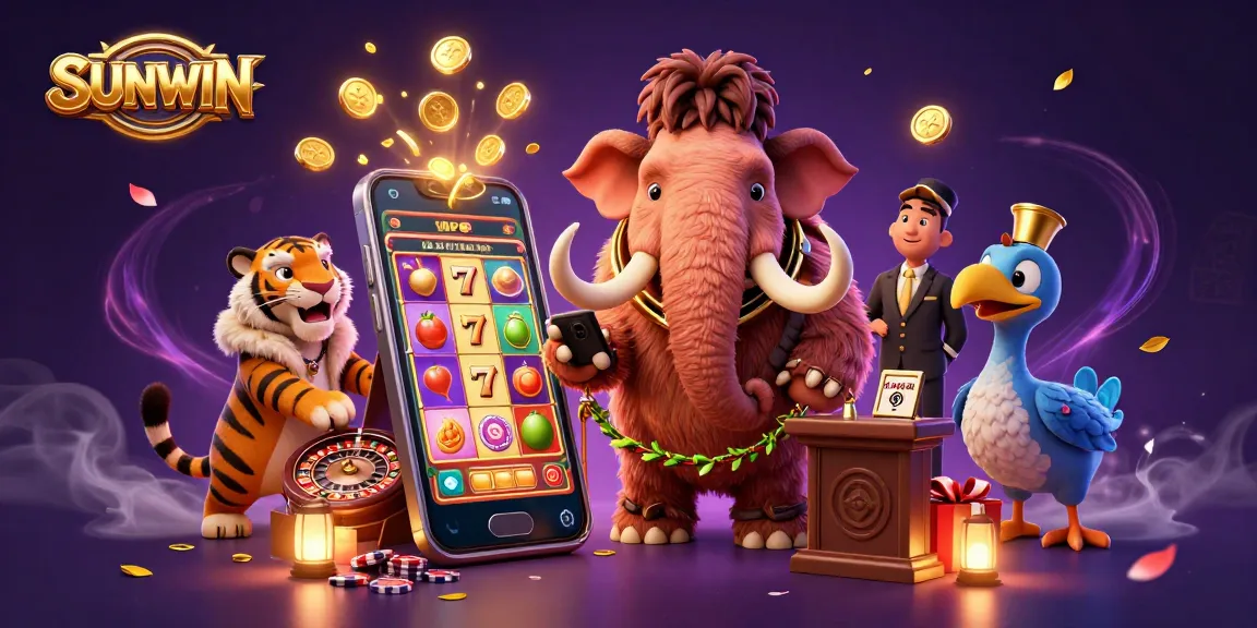 Experience unique SUNWIN casino vibes with mammoth bouncer, tiger guest, and fun slot games.