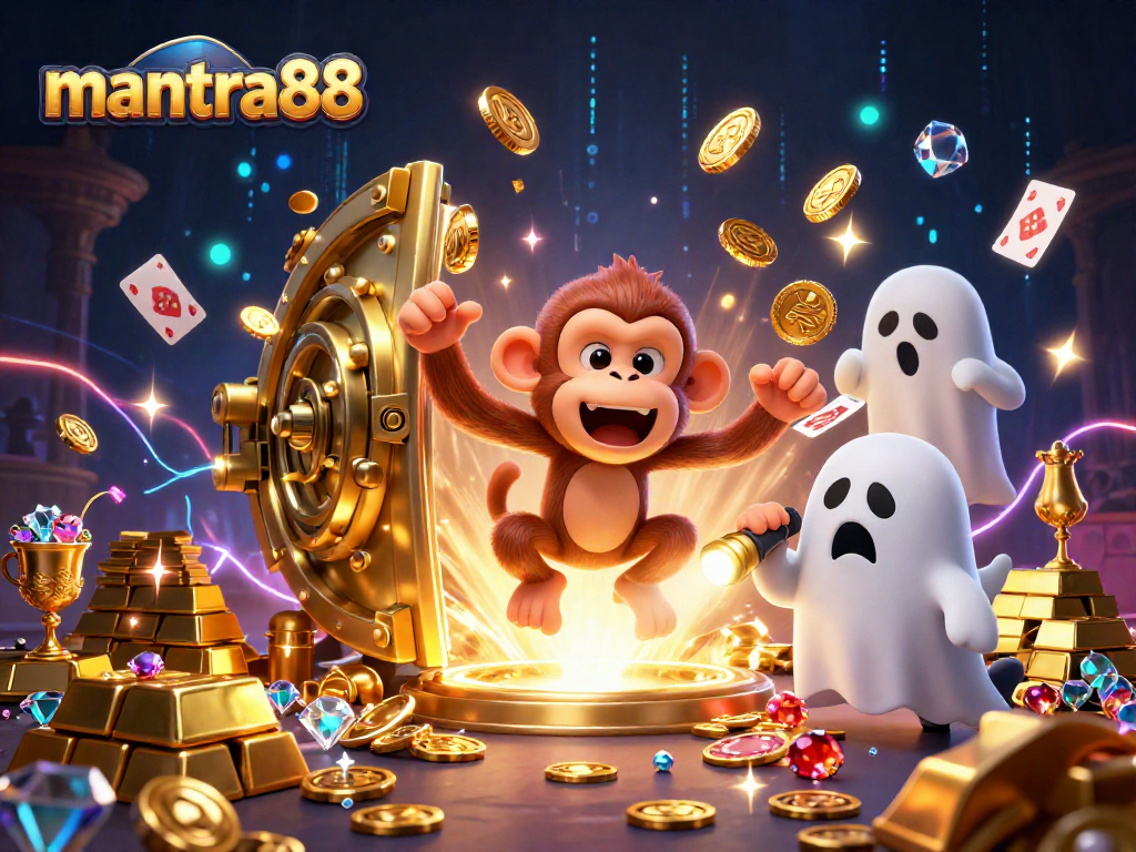 Engage with mantra88 in a lively haunted casino scene filled with golden treasures and playful characters.