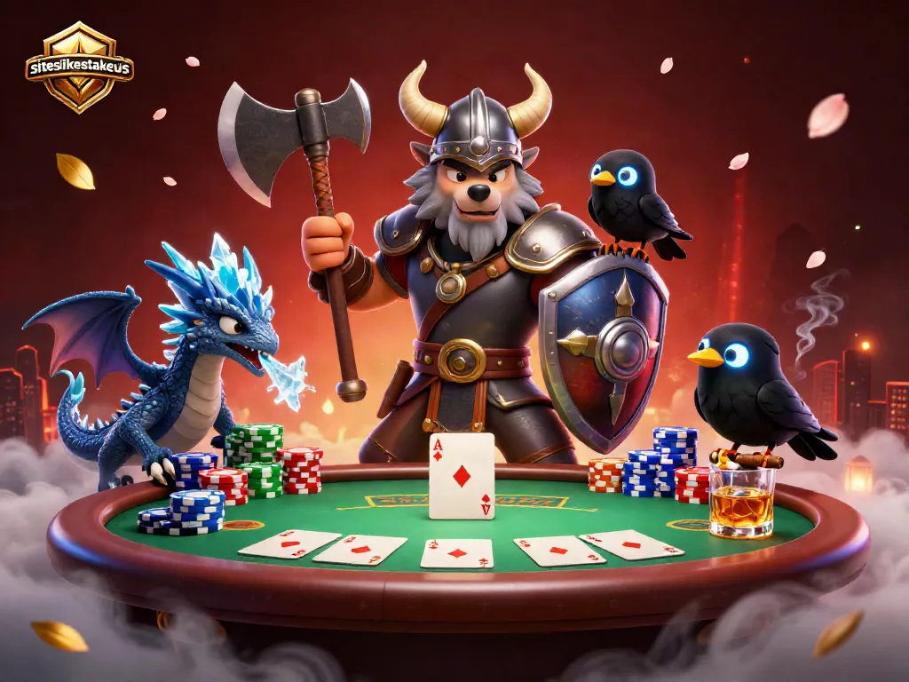 Engage with siteslikestakeus by exploring a thrilling poker scene featuring a Viking wolf warrior.