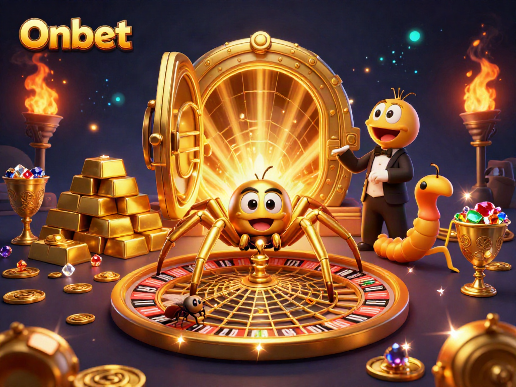 Onbet engages bettors with a lively illustration of a roulette-themed spider and vibrant casino riches.