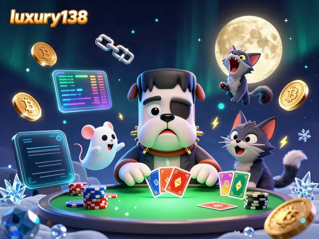 Experience the thrill of luxury138 with a spooky casino scene featuring a playful Frankenstein bulldog monster and whimsical characters.