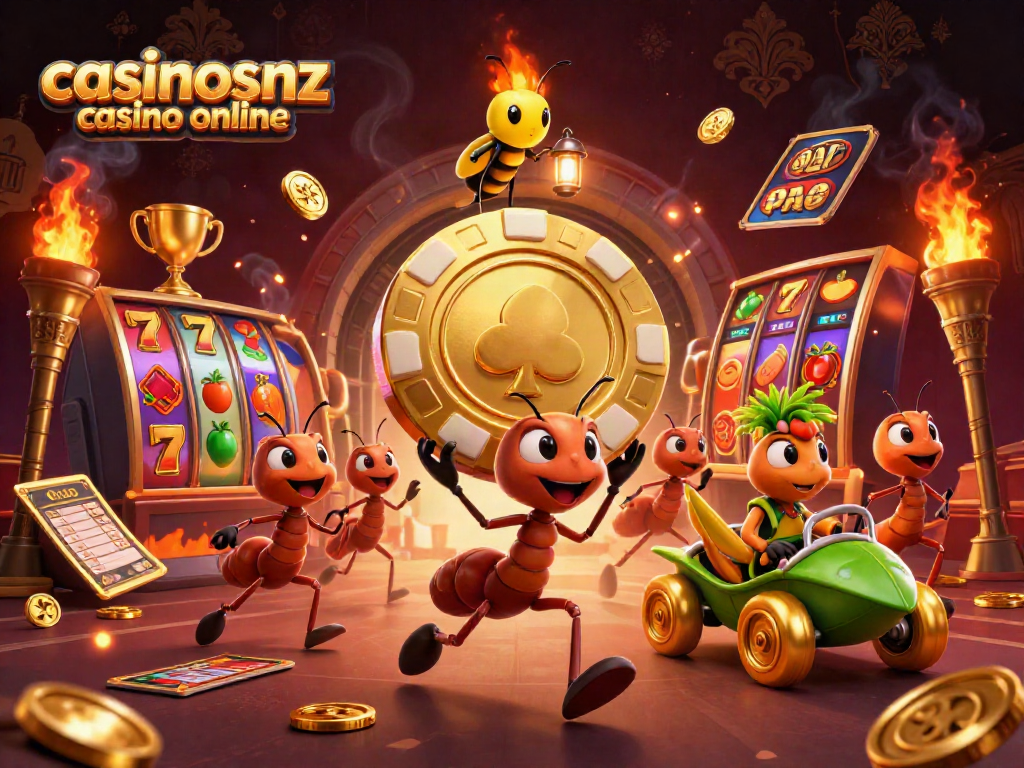 Engage with casinosnz casino online as cartoon ants heist a giant poker chip amidst vibrant slot elements.