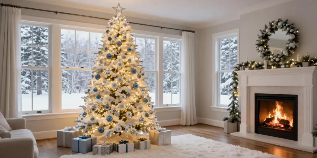 White tree xmas beautifully decorated in a cozy living room setting for Christmas.