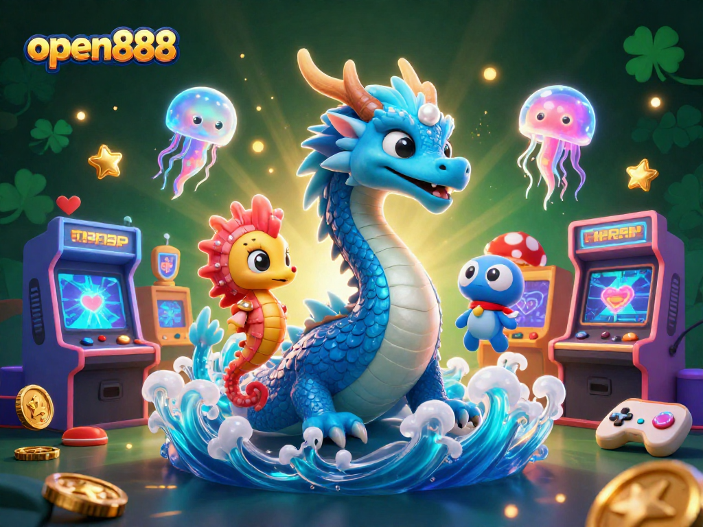 Experience the excitement of open888 with a thrilling 3D casino scene featuring vibrant creatures and games.