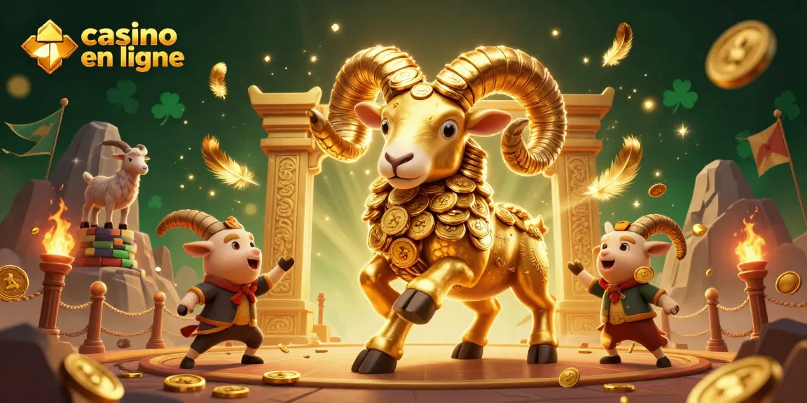 Explorez le casino en ligne avec un majestueux bélier doré en plein charge au milieu des pièces d'or et des jeux captivants.