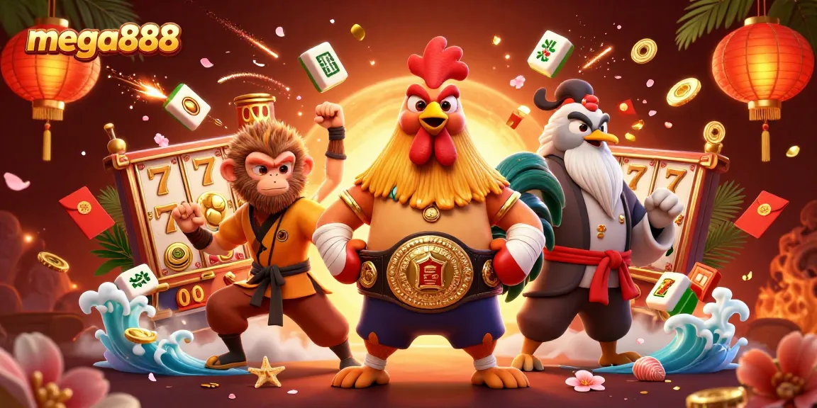 Engage with mega888 slots through a vibrant illustration featuring heroes and festive elements.