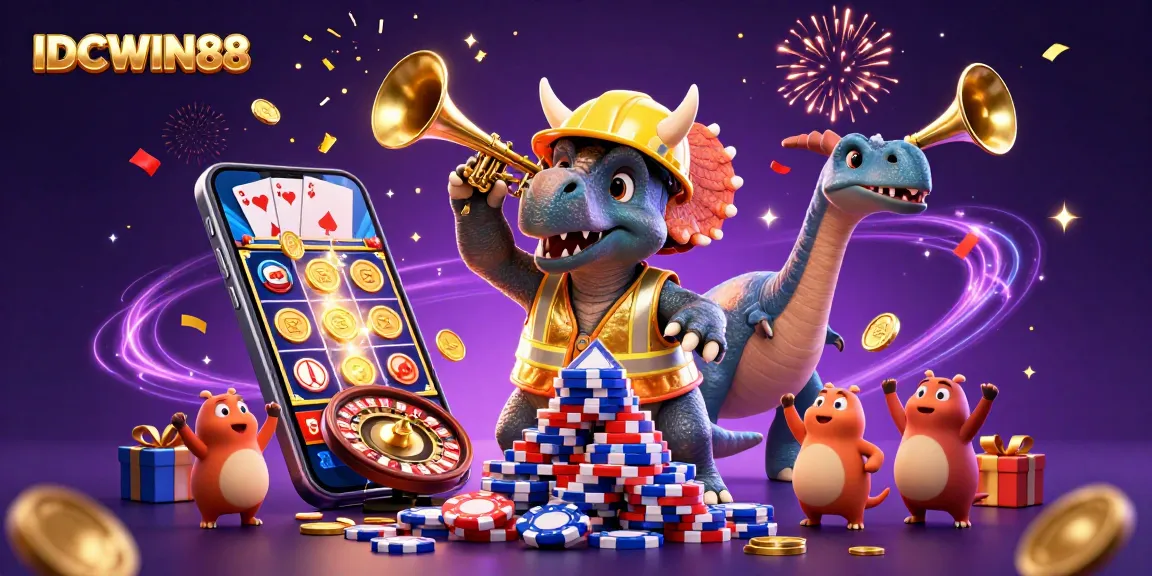 Experience the excitement of IDCWIN88 with a cheerful 3D triceratops building poker chips, celebrating gaming wins.