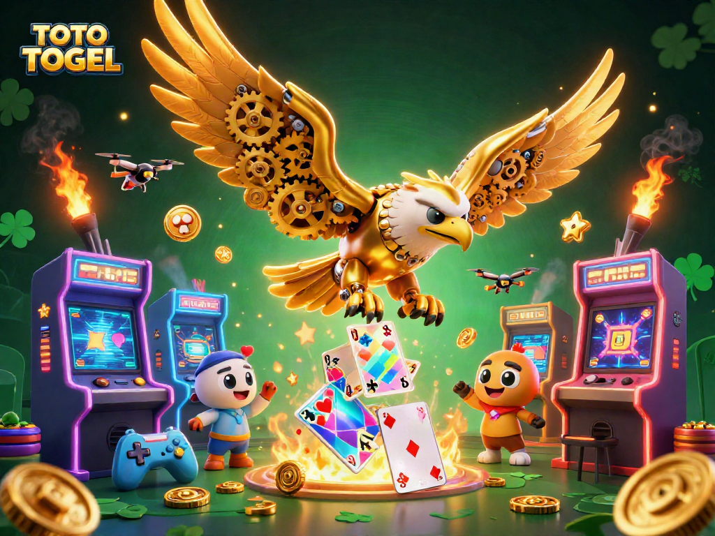 TOTO TOGEL showcases a vibrant 3D illustration with a dynamic golden eagle amidst casino-themed graphics.