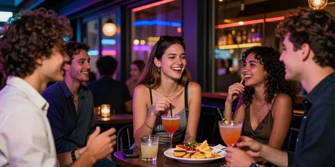 Gái gọi trong không gian thành phố sôi động, bạn bè cười đùa tại quán bar.