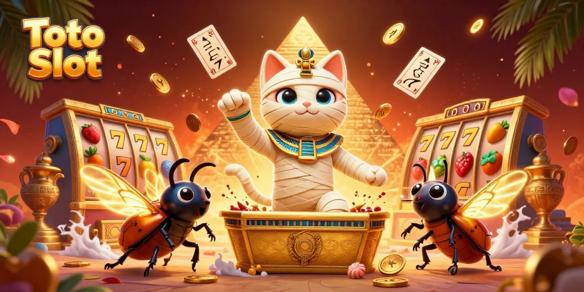 Permainan Toto Slot penuh warna dengan mumi kucing dan elemen jackpot dalam ilustrasi kasino.
