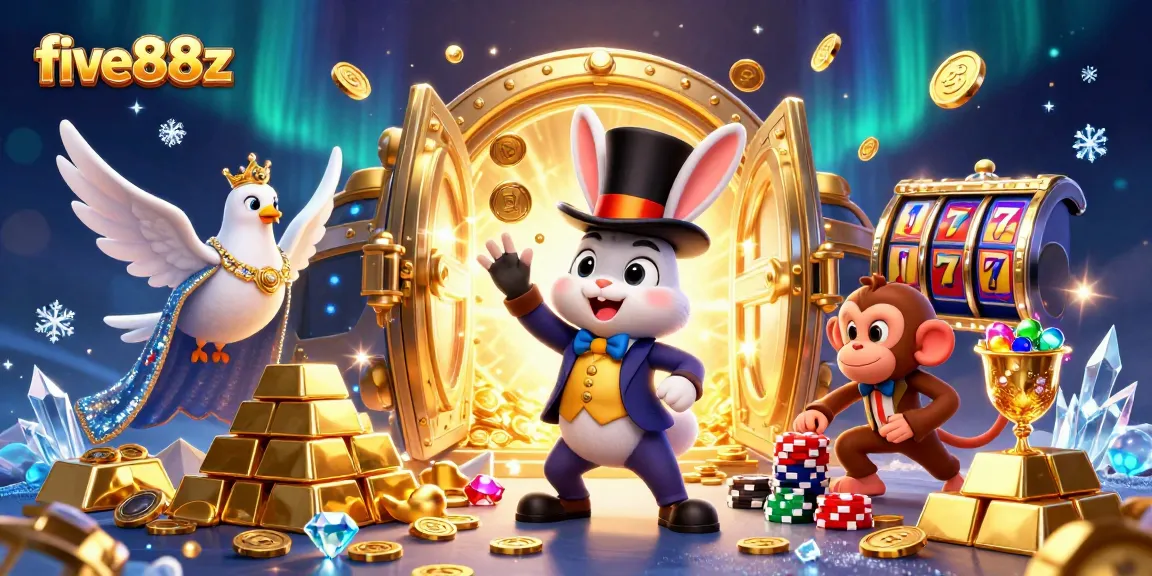 Experience the magic at five88z, where a rabbit conjures riches amidst vibrant casino elements.