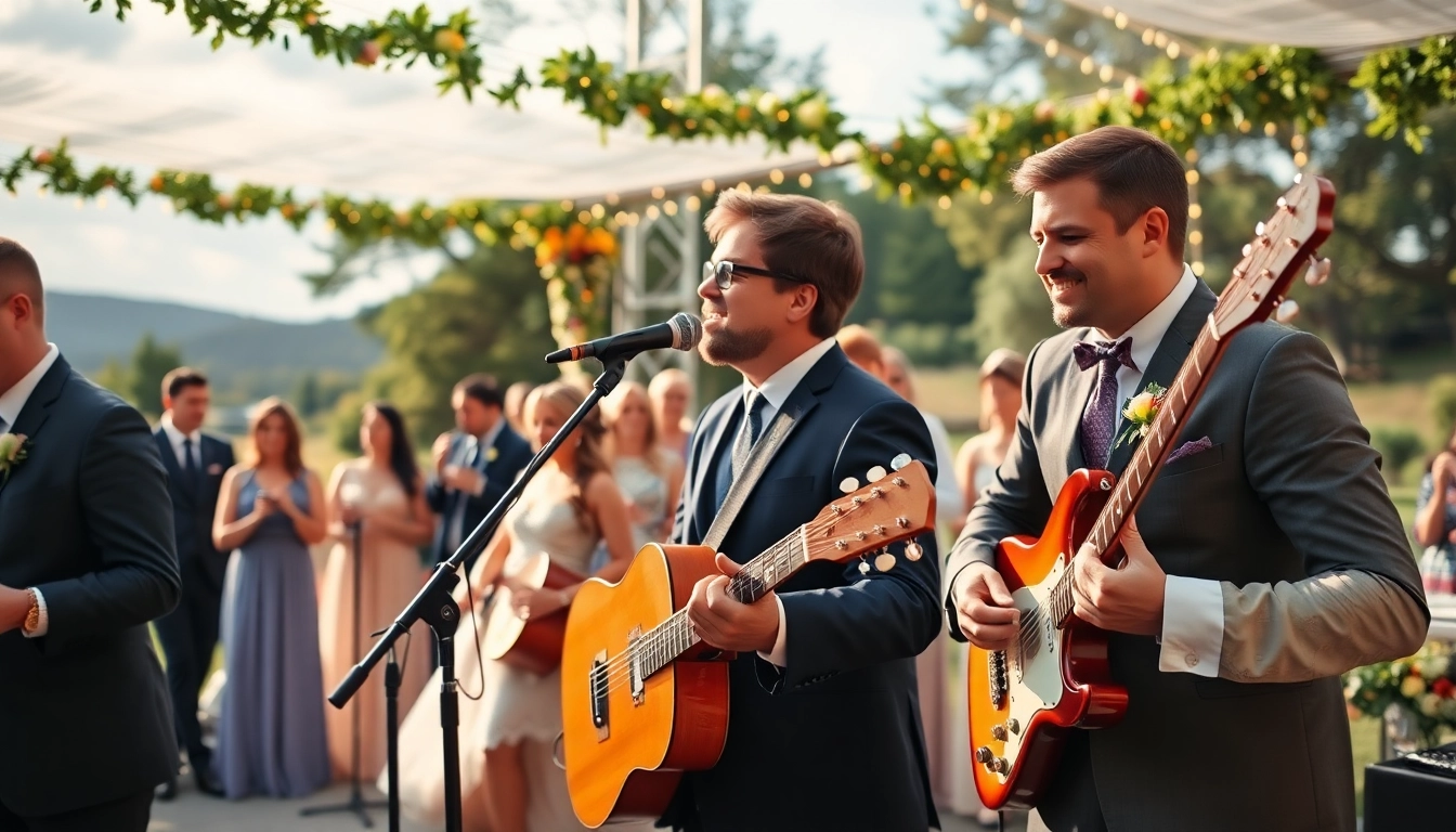 Formatie nunta animând o ceremonie romantică cu muzică vibrantă și atmosferă veselă.