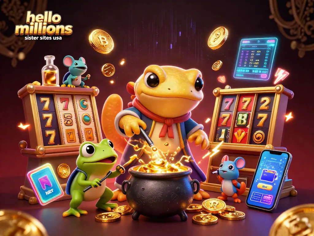 Experience the excitement of hello millions sister sites usa with golden coins, vibrant slot reels, and dynamic gaming elements.