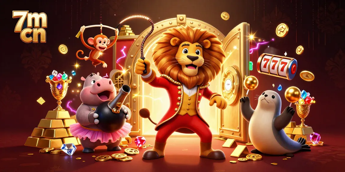 Experience thrilling gaming with 7m cn's lively characters amid rich casino elements like slot reels and gold.