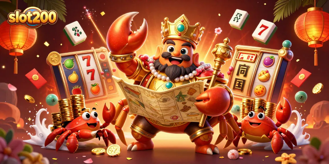 Permainan slot200 diwakili oleh kepiting emas raksasa di tengah tumpukan chip emas dan simbol buah yang berkilauan.