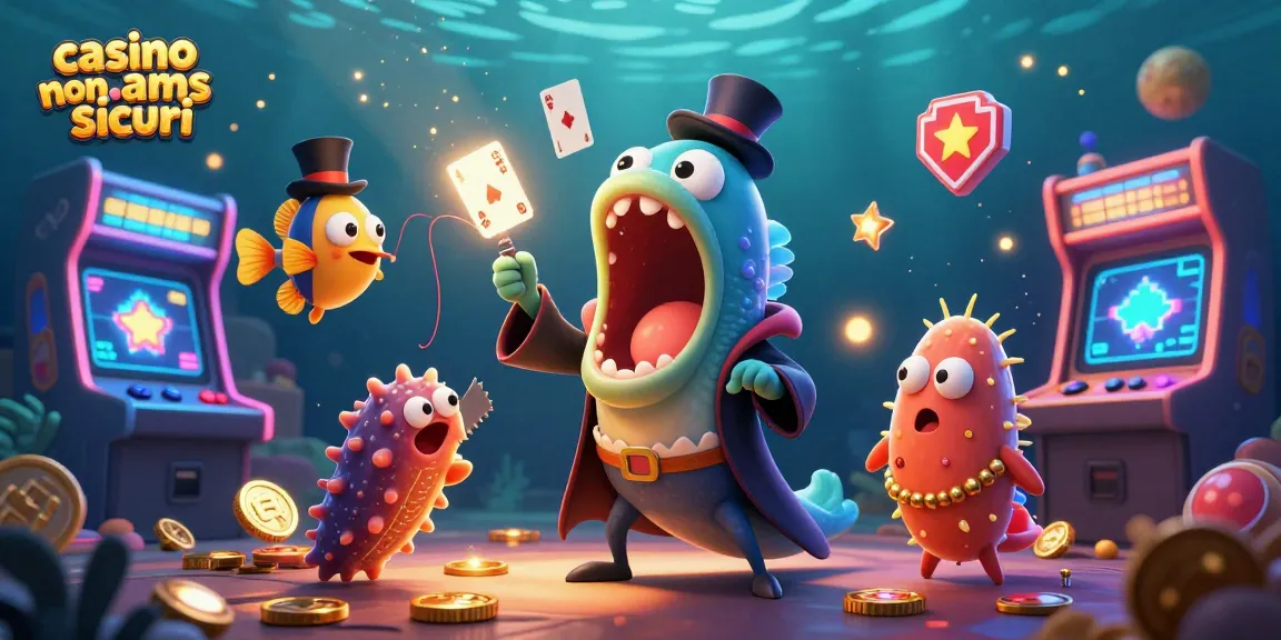 Gioca responsabile nei casinò non AAMS sicuri con un'illustrazione di un pesce abissale che fa magie con carte da gioco.