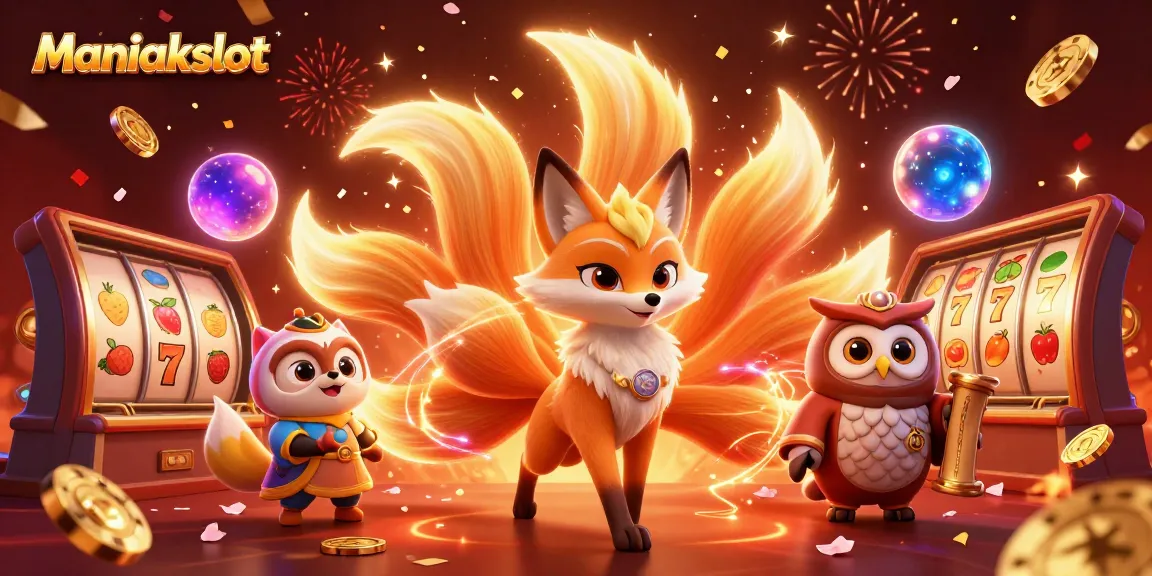 Engage with Maniakslot's colorful festival of lights featuring a nine-tailed fox and wise owl.