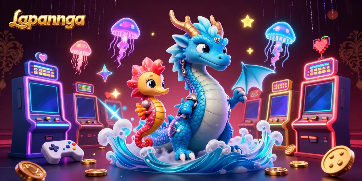 Engage with Lapannaga's vibrant 3D portrayal of a fortune-bringing dragon amidst slot machines.