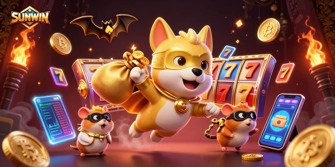 SUNWIN showcases a colorful scene with a superhero dog and hamster in a casino setting, flying with gold coins.