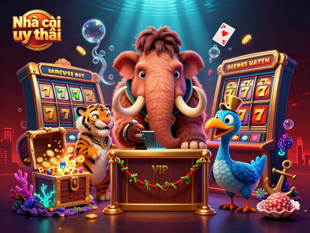 Engage with Nhà cái uy tín through vibrant casino characters and elements in a rich 3D scene.