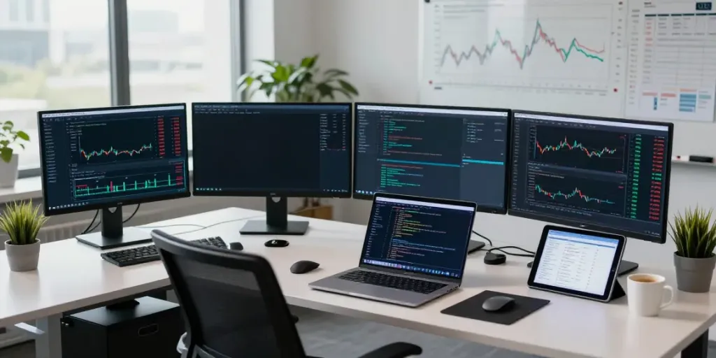 Real-time currency trading scene showcasing 外汇API integration with multiple screens displaying live forex data and trading indicators for enhanced analytics.