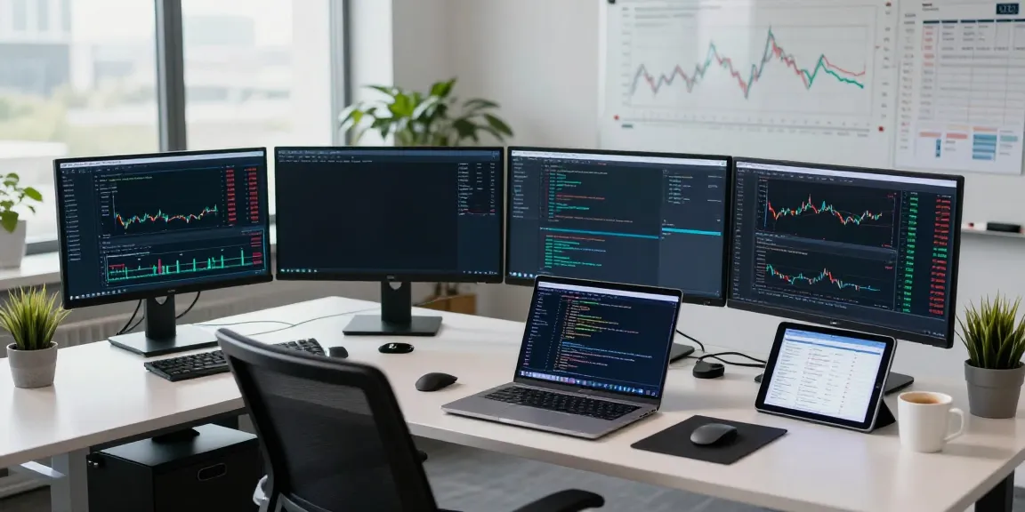 Real-time currency trading scene showcasing 外汇API integration with multiple screens displaying live forex data and trading indicators for enhanced analytics.