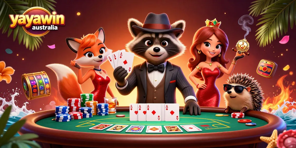 Experience excitement at Yayawin Australia with a raccoon, fox, and hedgehog playing poker.