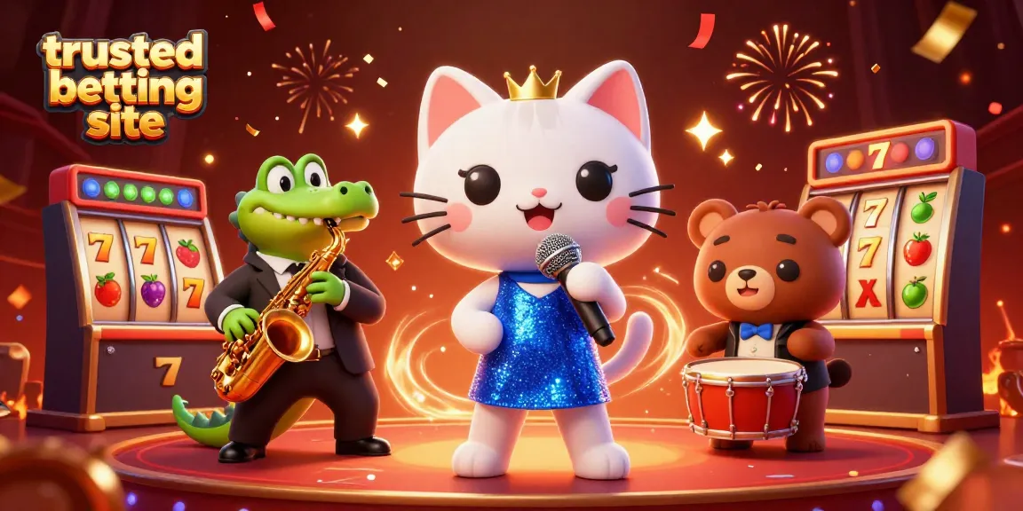 A fun depiction of a trusted betting site with cartoon characters enjoying slot games, colorful elements, and festive atmosphere.
