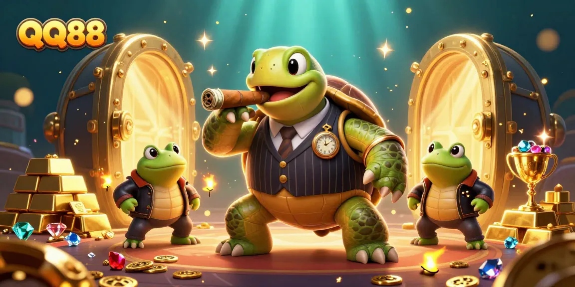 Engage with QQ88's thrilling casino experience featuring a cartoon turtle mobster alongside jewel-encrusted game elements.