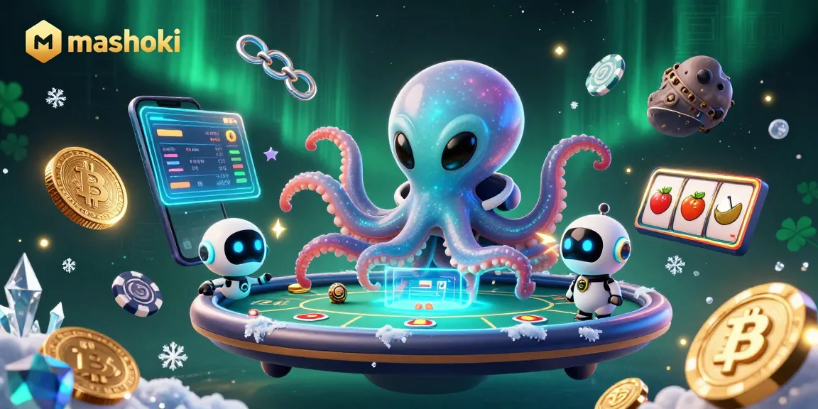 Experience thrilling mashoki gameplay with an alien octopus and neon cryptocurrency in a vibrant casino universe.