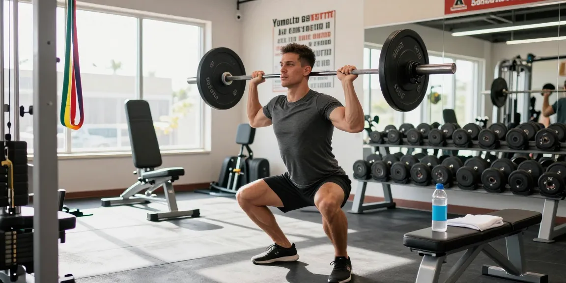 Athletic individual demonstrating weightlifting technique in fitness facility, showcasing Somatrop Steroid Shop's commitment to performance.