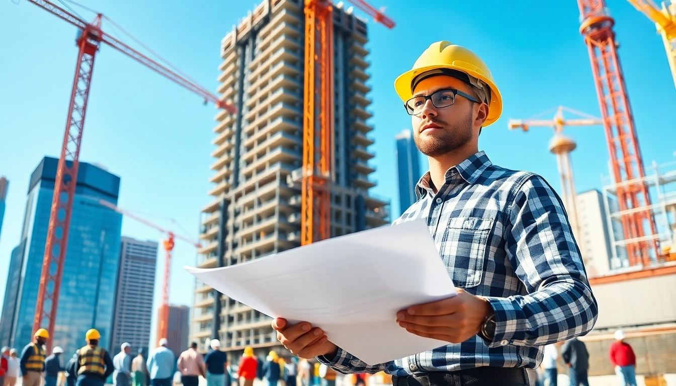 New York Construction Manager supervising a high-rise building project on an urban construction site.