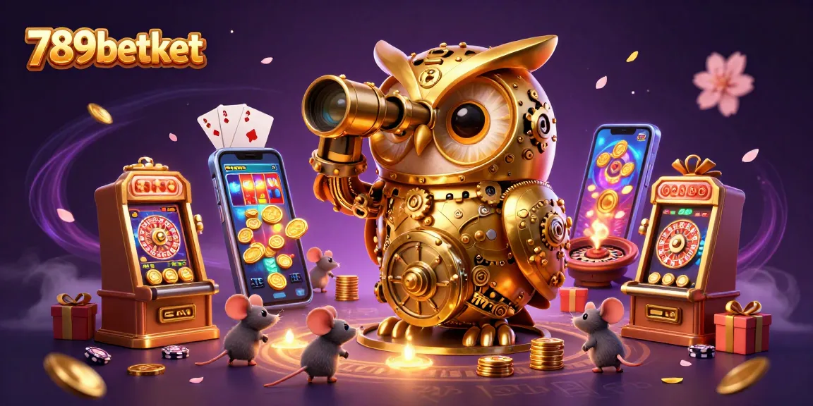 Experience the excitement of 789betket with vibrant casino elements and a golden owl scanning the floor.