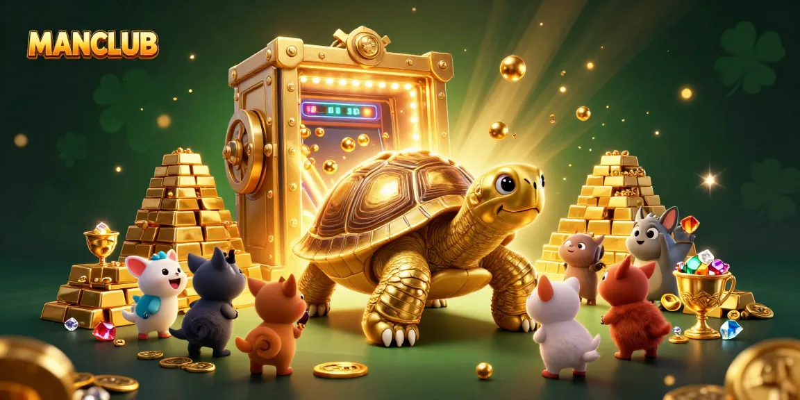 Experience excitement at MANCLUB with a golden tortoise pinball machine surrounded by treasure elements.