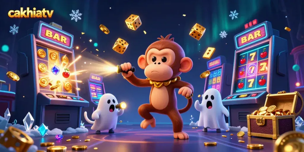 Cakhiatv live betting scene with a mischievous poltergeist monkey and ghost-hunter puppy surrounded by casino elements and a jackpot explosion.