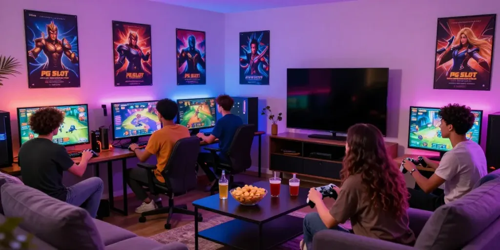 Friends enjoying an exciting session of PG SLOT games in a vibrant gaming room.