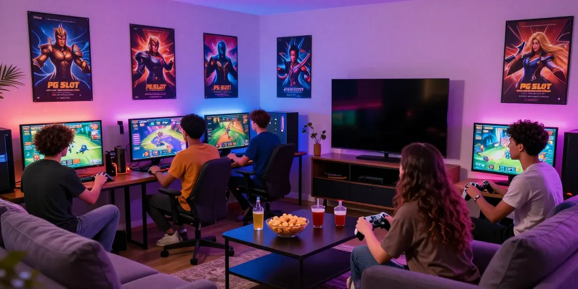 Friends enjoying an exciting session of PG SLOT games in a vibrant gaming room.