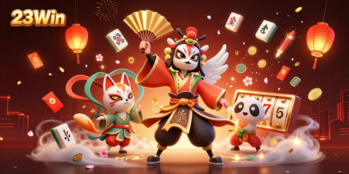 Experience the thrill at 23Win as kabuki warriors and lucky charms light up the casino atmosphere.
