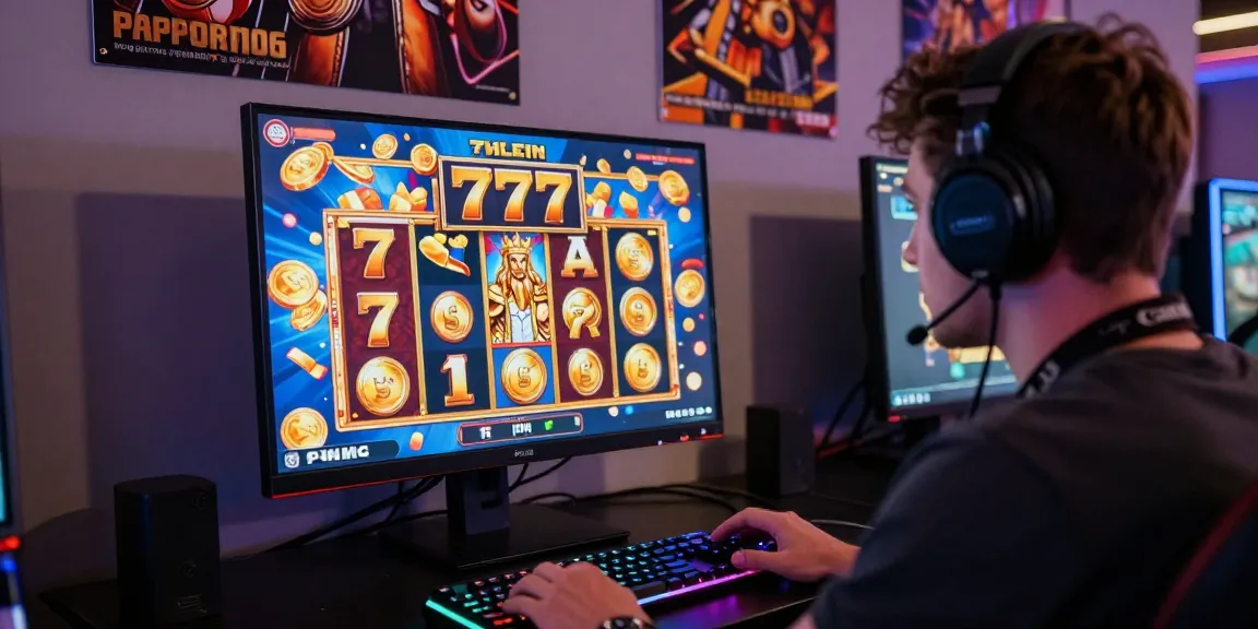 Player enjoying a slot game experience with "777" symbols and virtual coins flying around the screen.