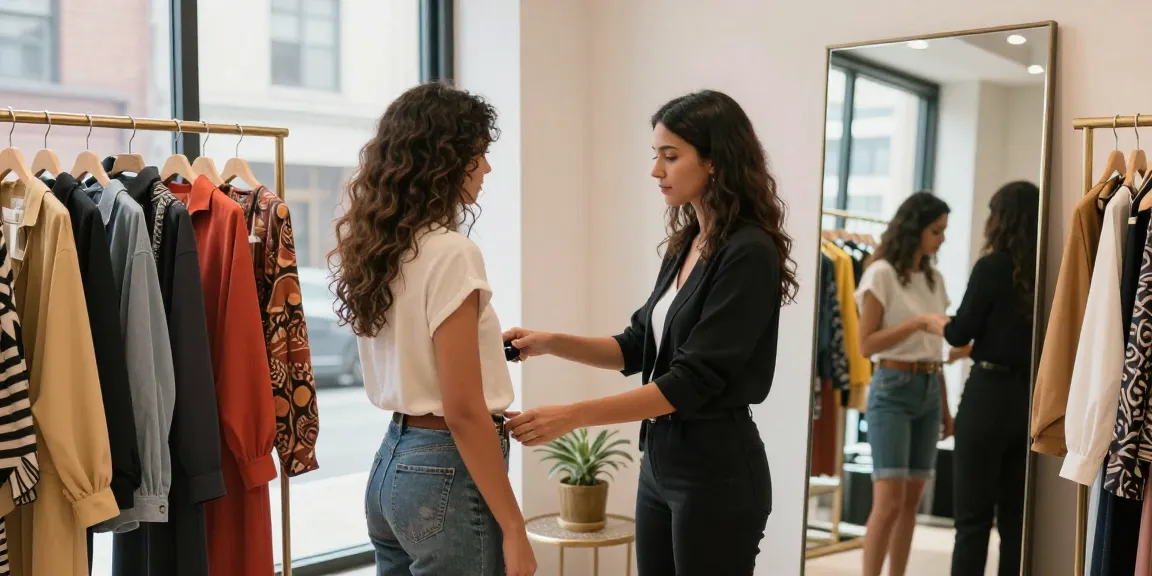 Consulente d'immagine che aiuta una cliente a scegliere abiti nel negozio di moda