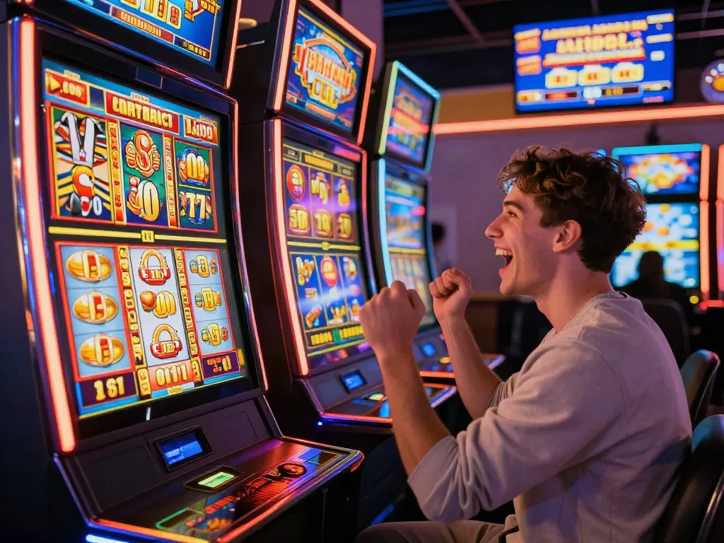 Player celebrating a big win at an online slot machine featuring the slot jackpot, with colorful displays and a vibrant casino atmosphere.