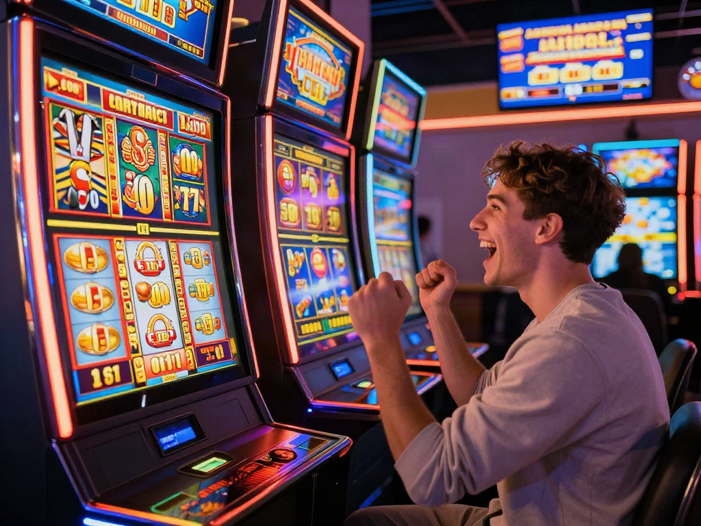 Player celebrating a big win at an online slot machine featuring the slot jackpot, with colorful displays and a vibrant casino atmosphere.