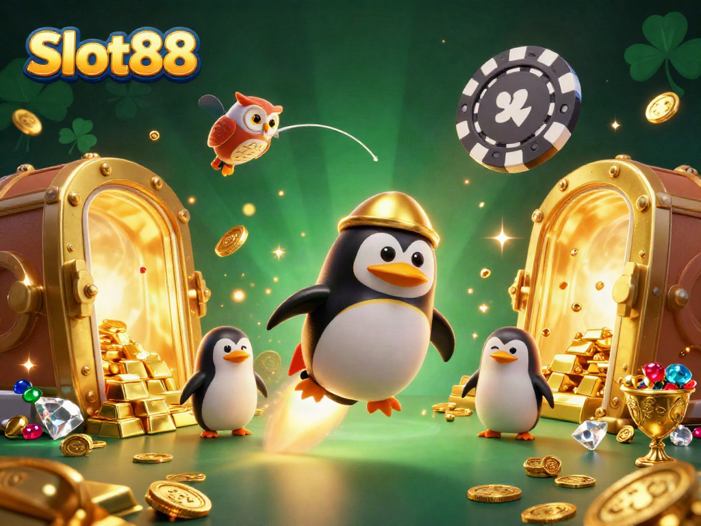Experience thrilling Slot88 action with a golden penguin and treasure vault in space.