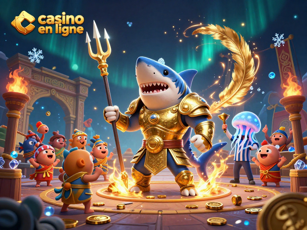 Découvrez le casino en ligne avec une illustration dynamique d'un requin tigre en armure dorée affrontant des poissons dans une arène sous-marine.