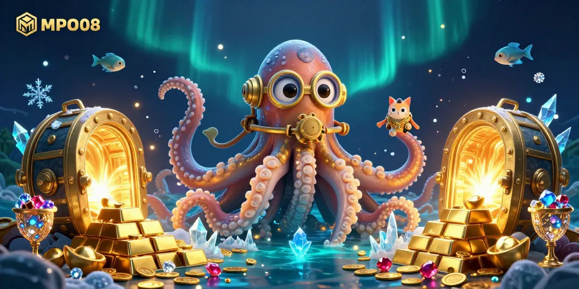 MPO08 showcases an interactive gaming experience with a thrilling kraken theme, golden treasures, and vibrant sea creatures.