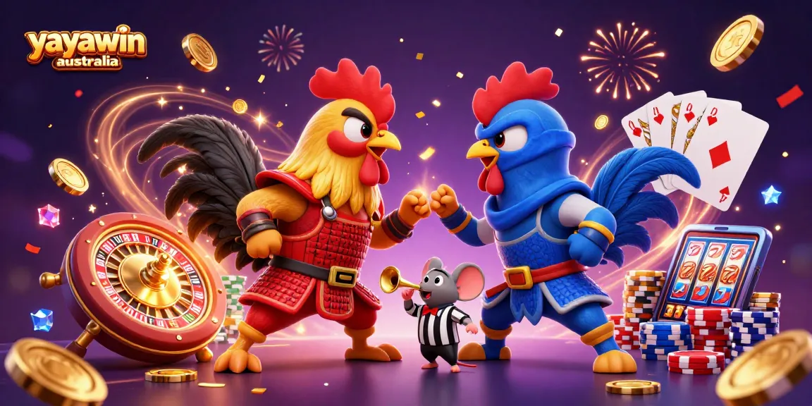 This dynamic scene showcases yayawin australia, featuring twin 3D fighting roosters in action with exciting casino elements surrounding them.
