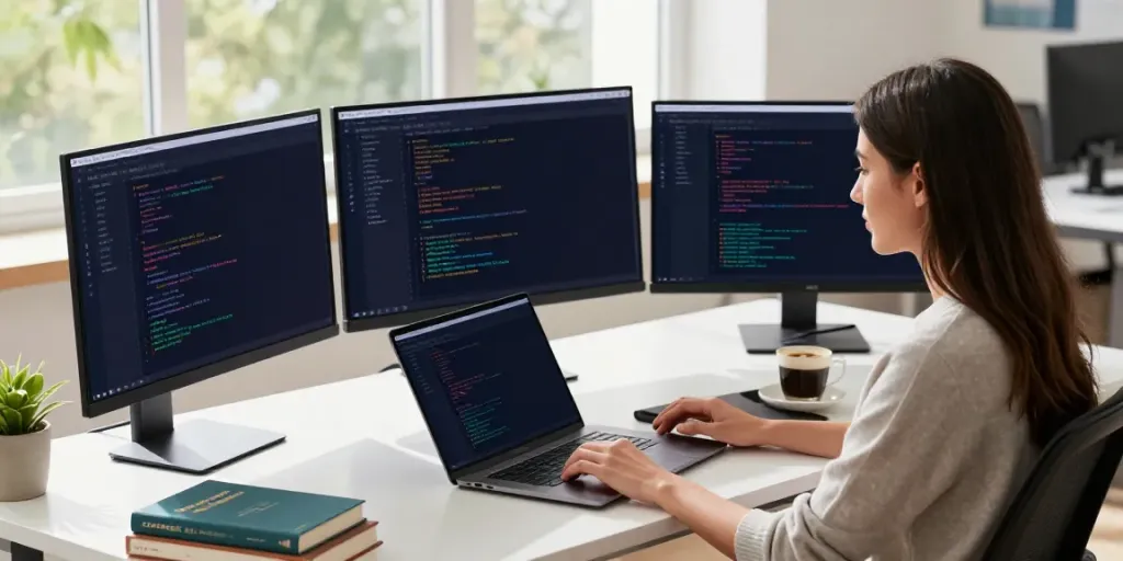 Explore 2113 Apps in a modern workspace featuring a developer reviewing open-source Android applications.