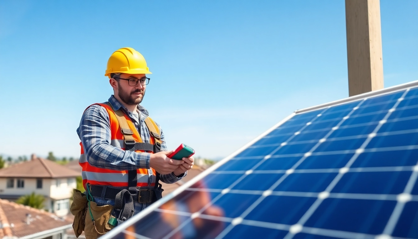 Technician performing solar system repair on rooftop panels with a multimeter.