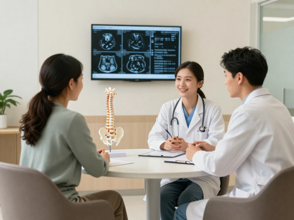 Boyun fıtığı ameliyatı consultation between doctor and patient in a modern clinic.